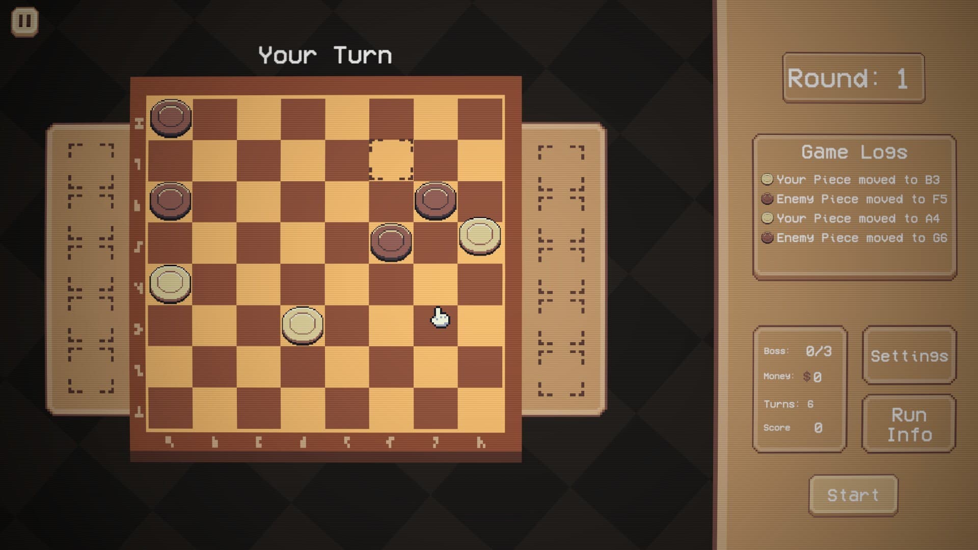 Round 1 on the board, with the turn prompt and the round goals panel