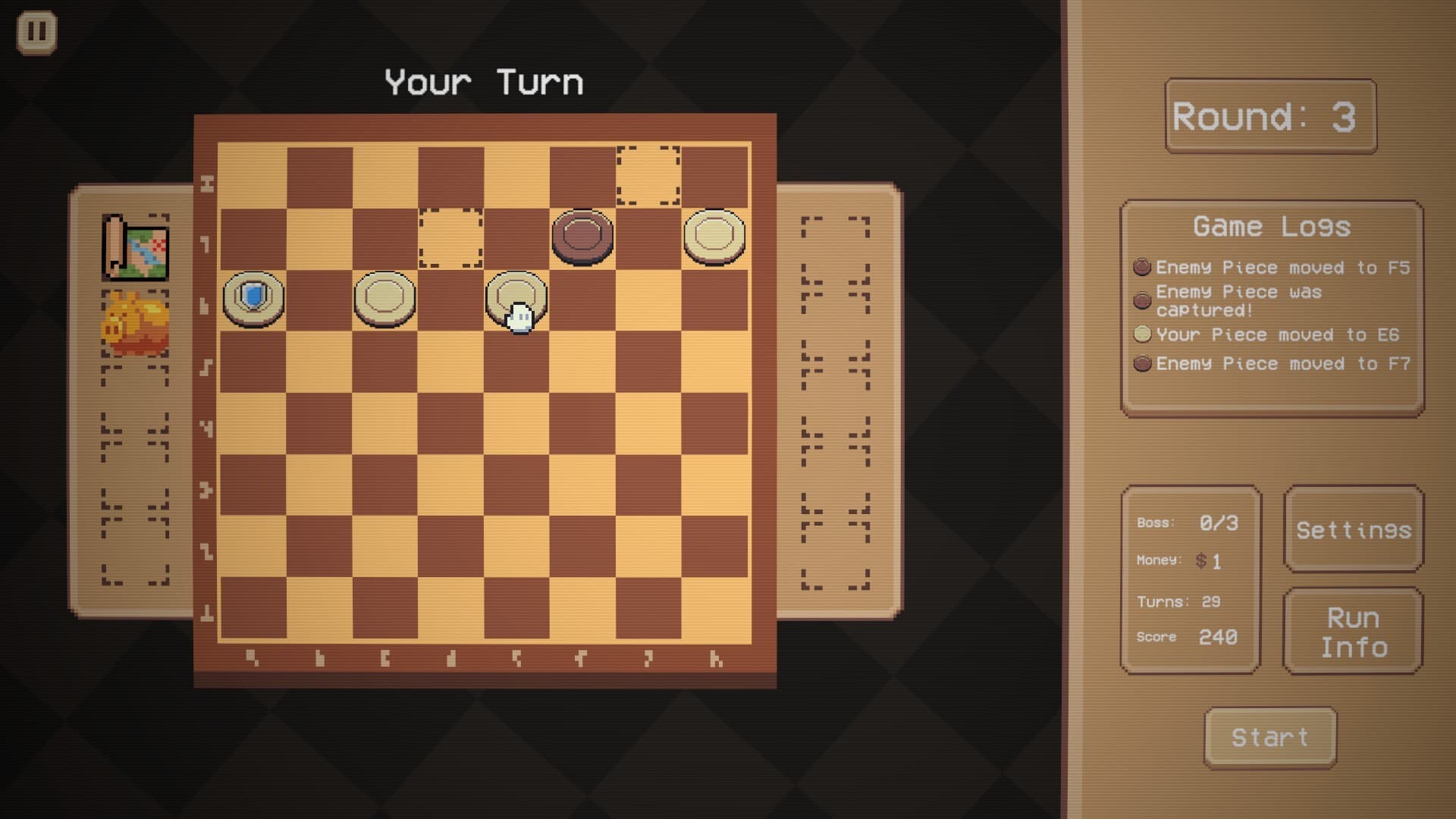 Round 3 with several bought pieces placed among the checkers