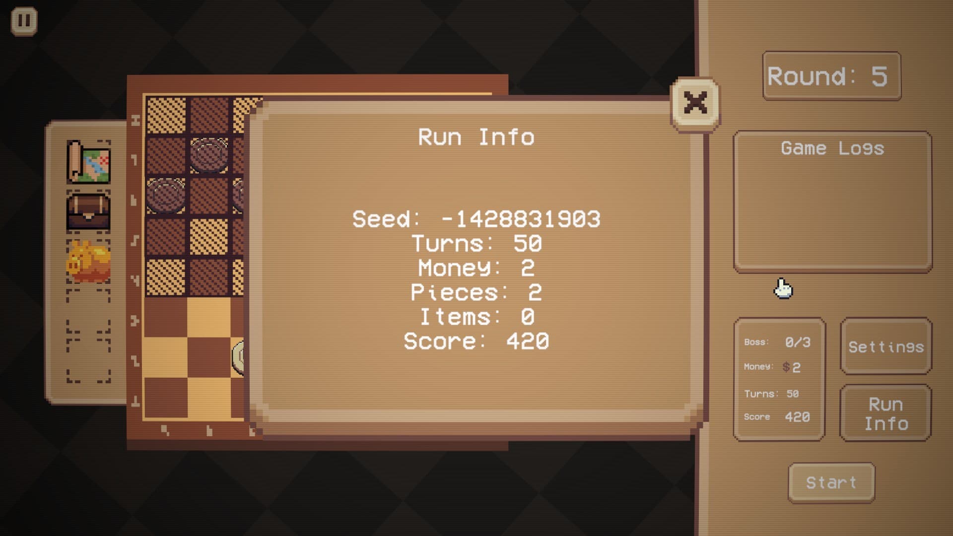 The run info panel listing seed, turns, money, pieces and score