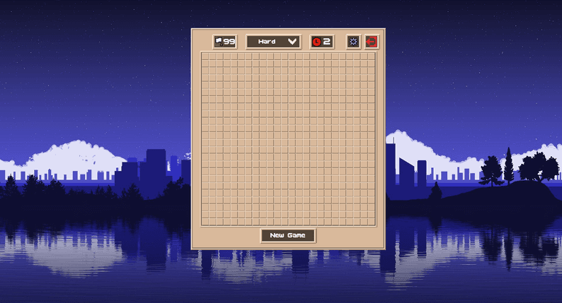 A fresh board on Hard, all 99 mines still hidden